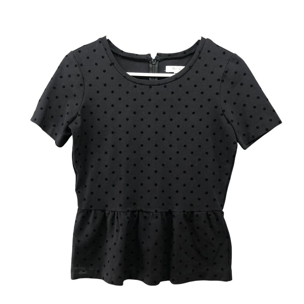 Madewell Peplum Top Womens XS Black Short Sleeve Velvet Polka Dot Ponte Blouse